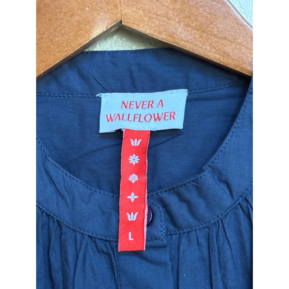 NWT Never A Wallflower Navy Blue Cotton Smocked Waist Puff Sleeve Dress L - Picture 7 of 8